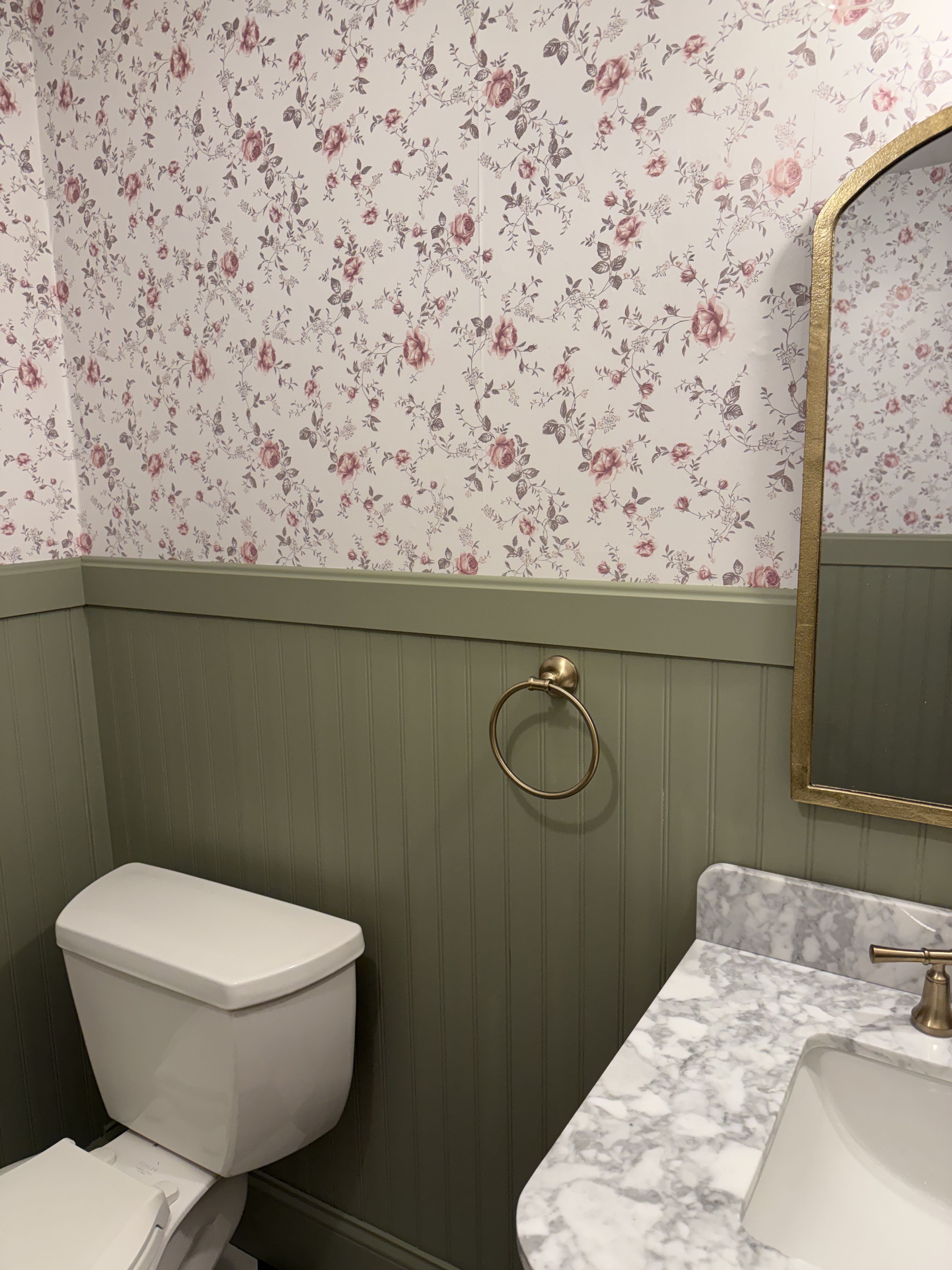 Andover bathroom — brass hardware and marble vanity